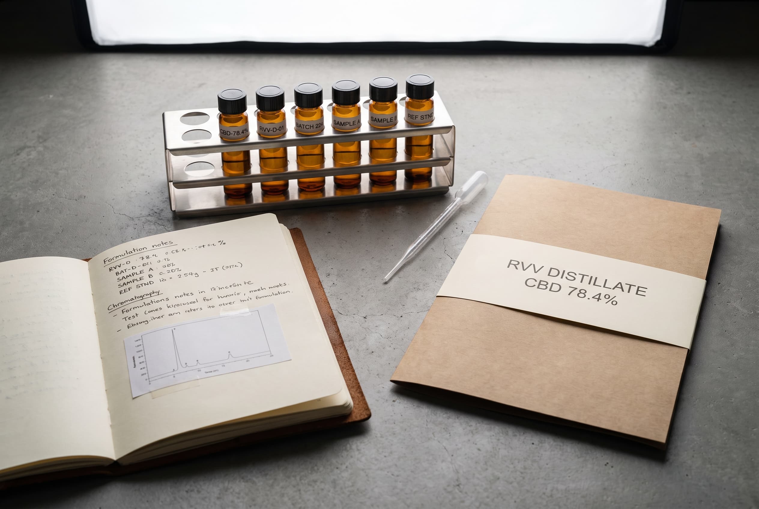 Formulator's workbench with a labeled sample vial rack, leather notebook of formulation notes, Pasteur pipette, and kraft spec sheet on matte concrete