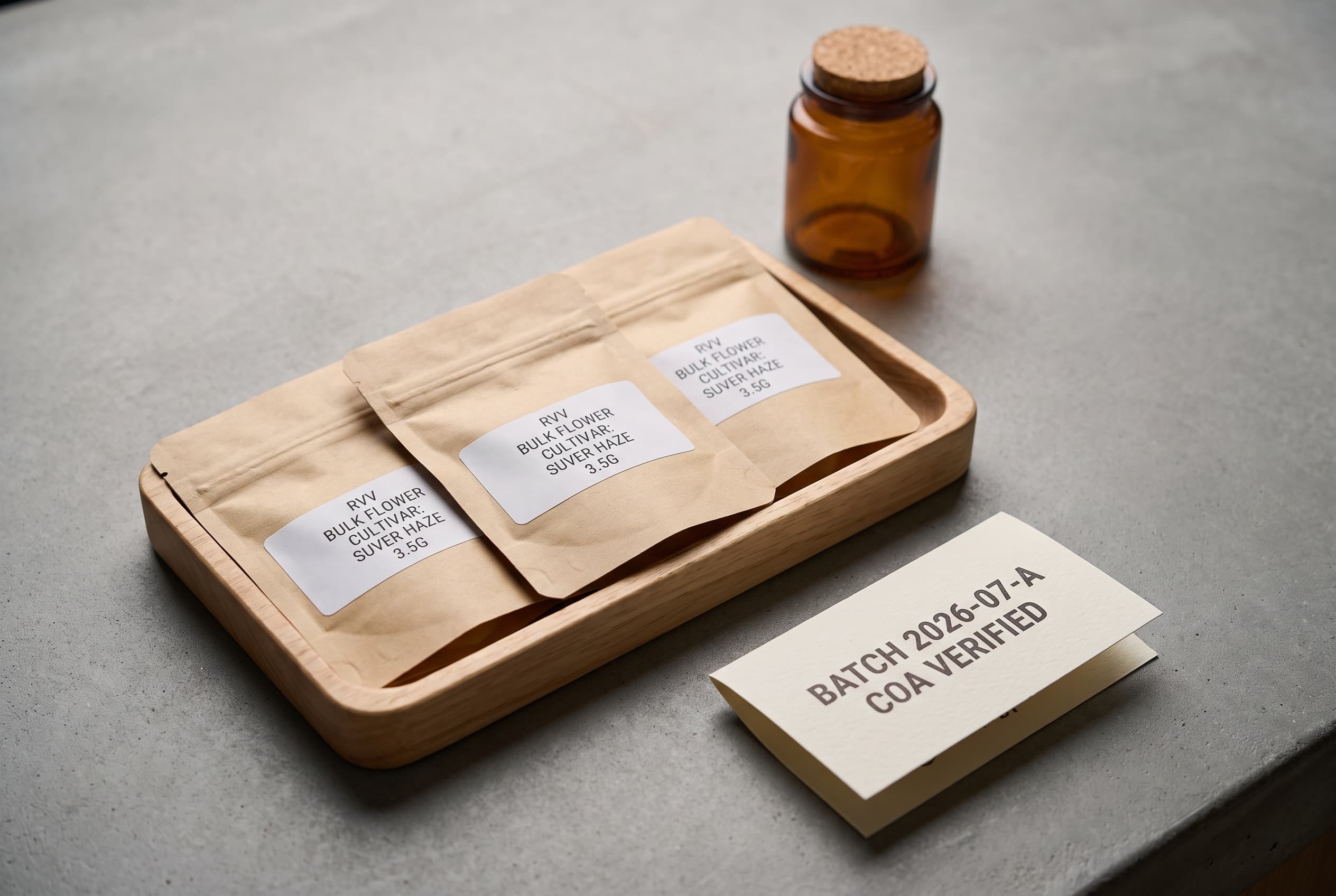 Natural-wood display tray of three kraft-paper Suver Haze pouches with printed labels and a COA-verified batch card on a matte concrete counter