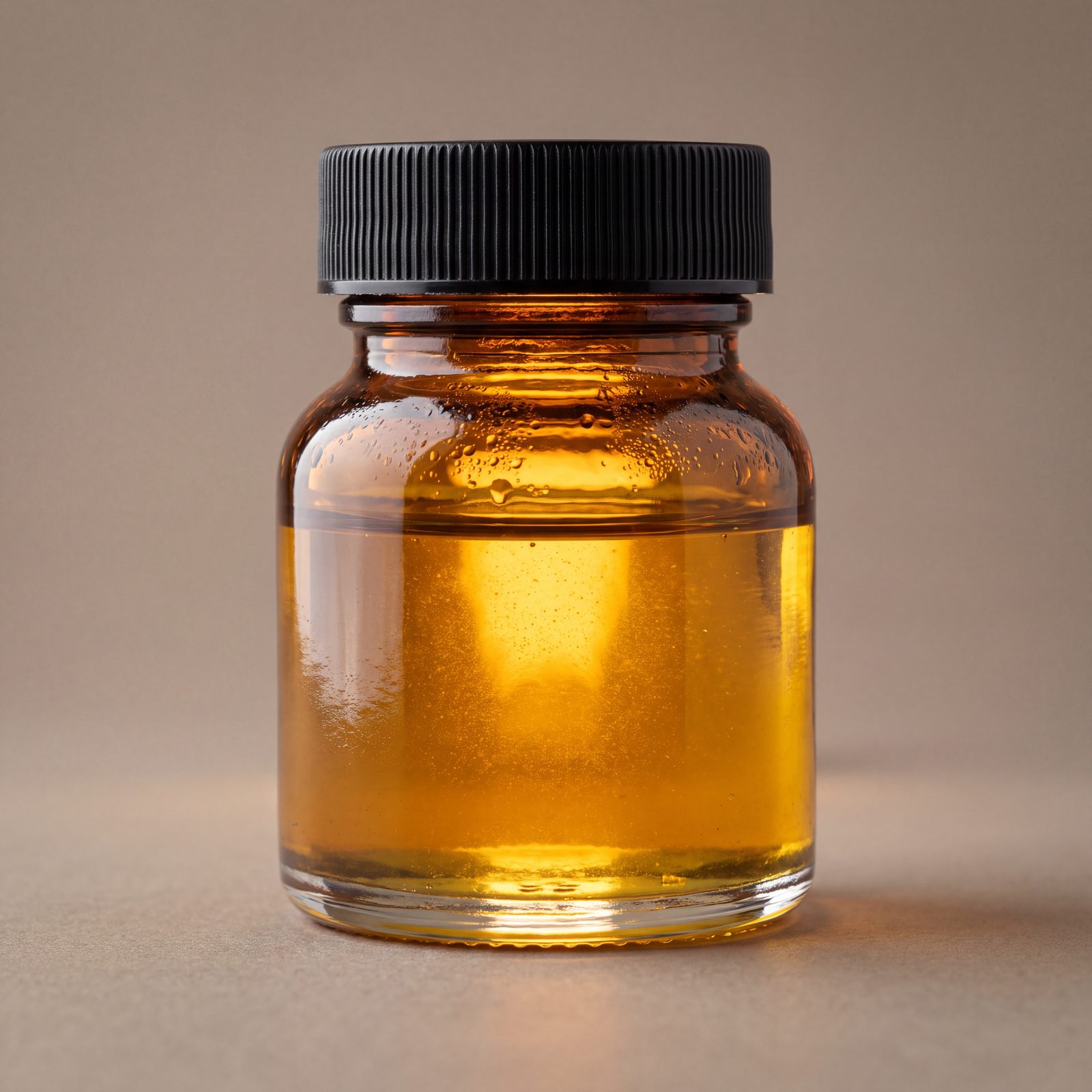 Amber glass apothecary vessel of golden CBD distillate with a black cap