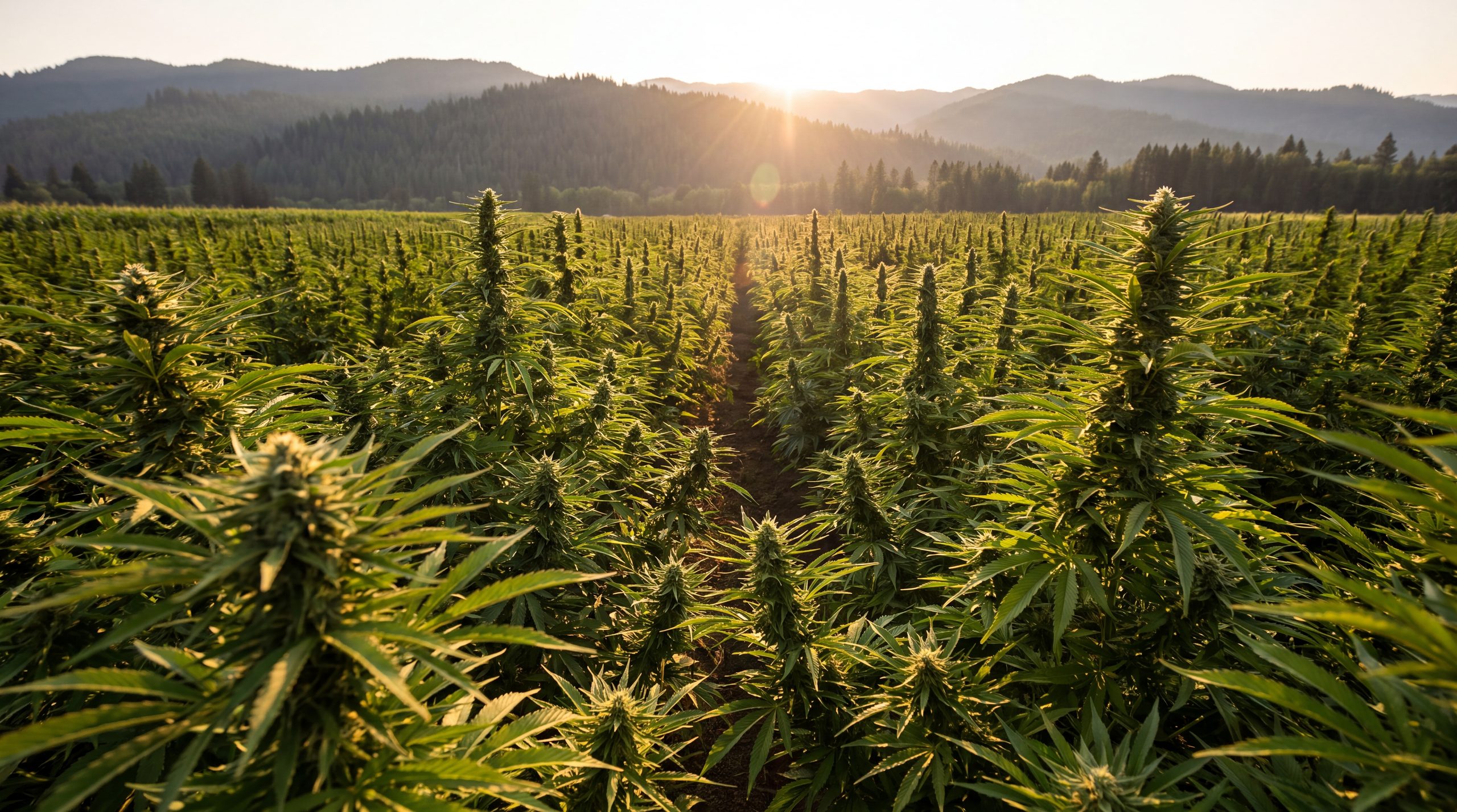 Ground-level view down a row of flowering hemp in Block 7 at golden hour, Cascade foothills beyond.